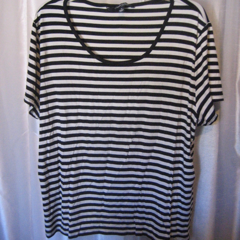 Chadwicks Black & White Striped Round Neck Short Sleeve Shirt Sz 2X 95% Rayon NW
